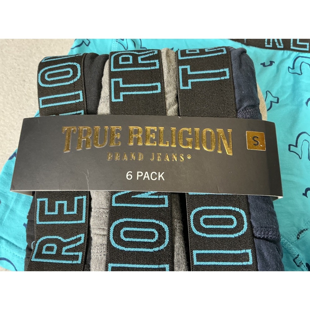 True Religion Mens Boxer Briefs 6 Pack Turquoise Black Grey Navy Logo Small